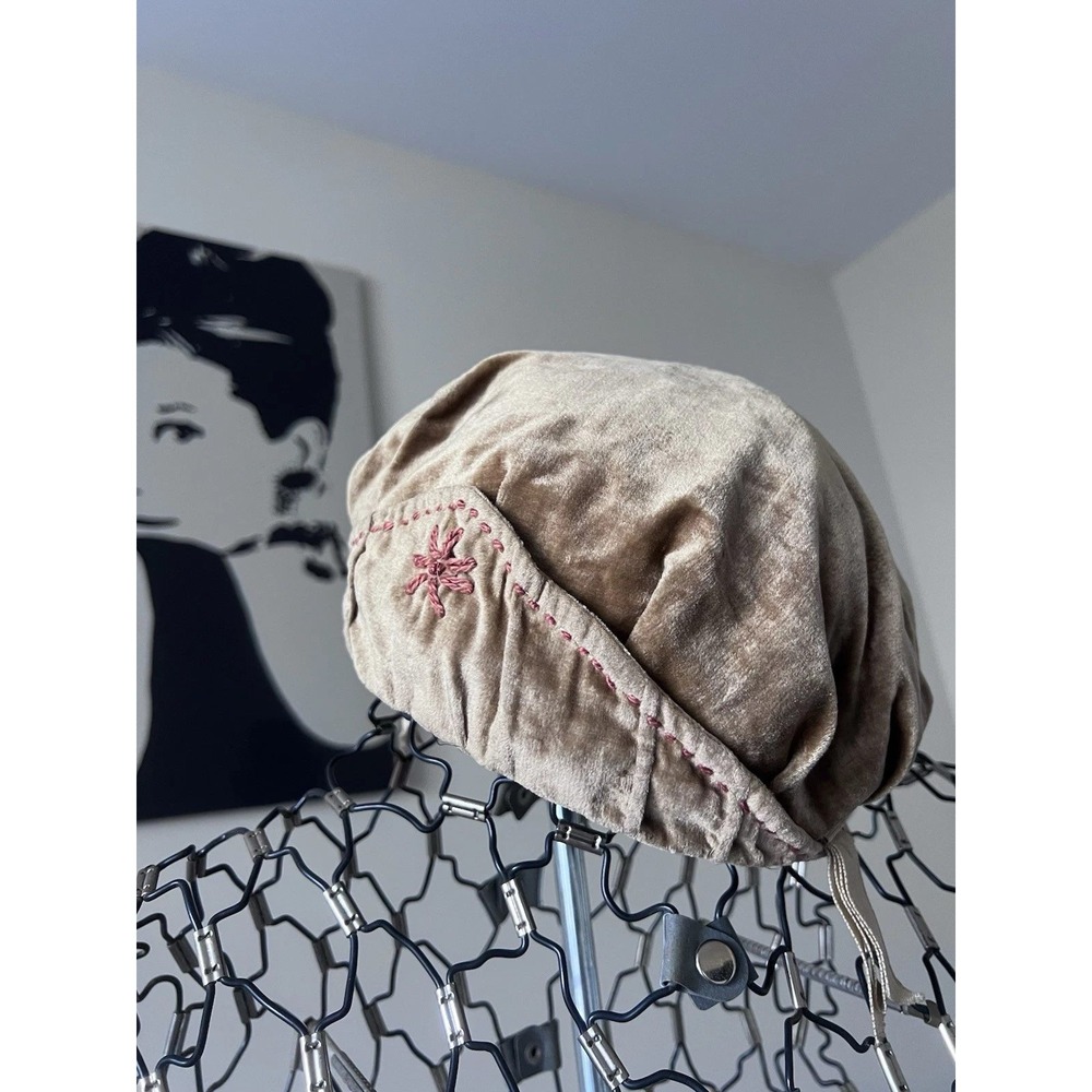 Antique 19th Century 20s Velvet Boudoir Cap Hat Beige Pink Embroidery Cloche